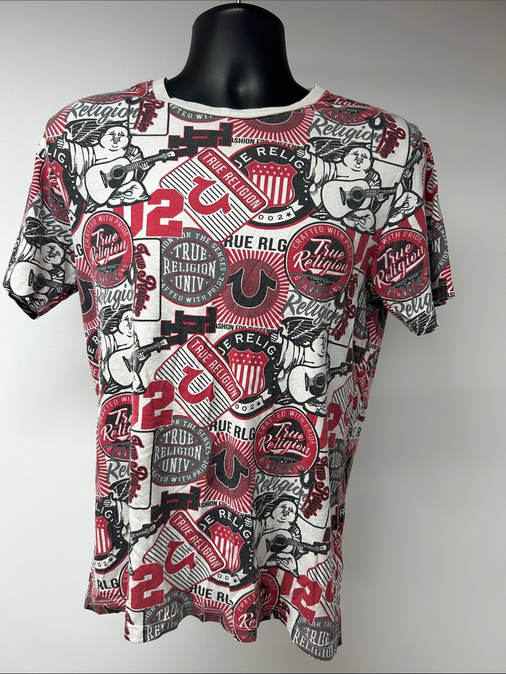 True Religion Mens All Over Print T-Shirt Buddha Horseshoe Red White Graphic